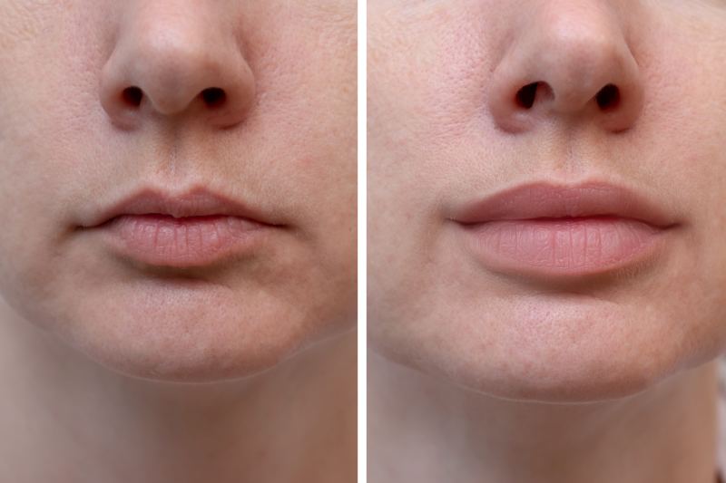 Lippen vor und nach Behandlung mit Hyaluronsäure im Vergleich